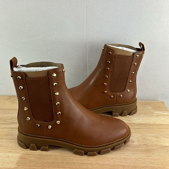 Michael Kors Ridley Studded Leather Gore Lug Sole Booties- Luggage- Size 7.5 M- - Picture 5 of 7